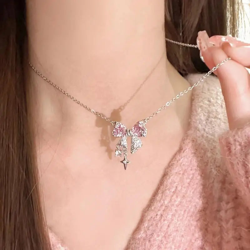 Pink Bowknot Cross Pendant Necklace