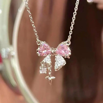 Pink Bowknot Cross Pendant Necklace