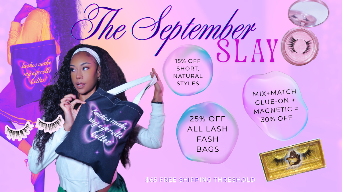A promotional graphic for 'The September Slay' featuring a woman holding a black tote bag with purple text. The background is a vibrant pink and purple gradient with various beauty product illustrations, including false eyelashes, a compact mirror, and a gold makeup palette.